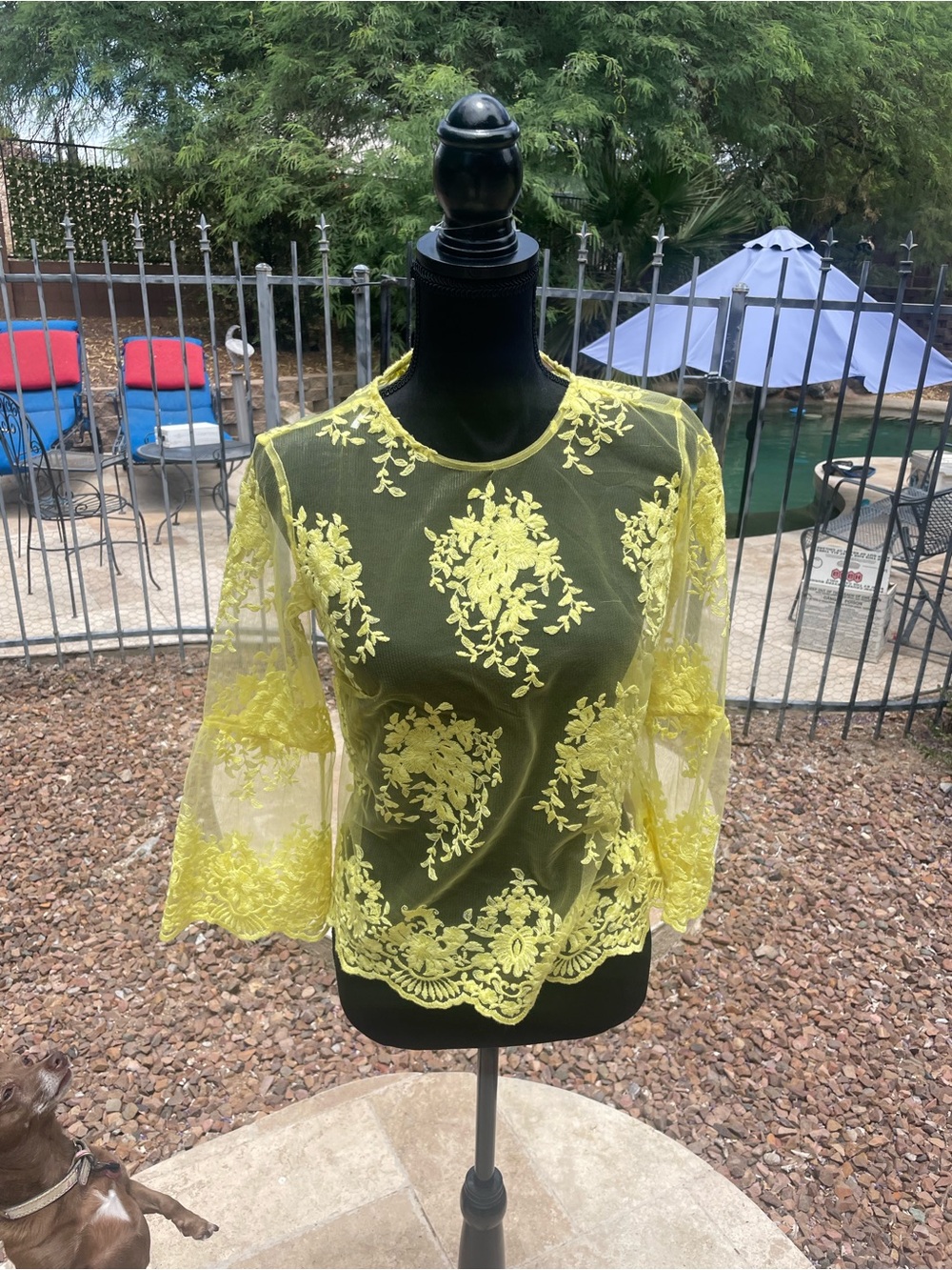 Nanette Lepore Lemon Yellow Sheer Embroidered Lace Blouse